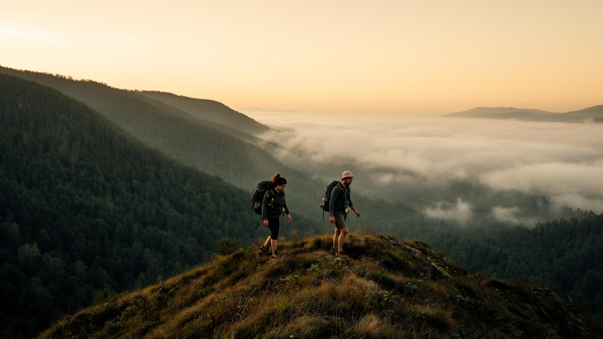Two hikers on a misty mountain ridge at golden hour